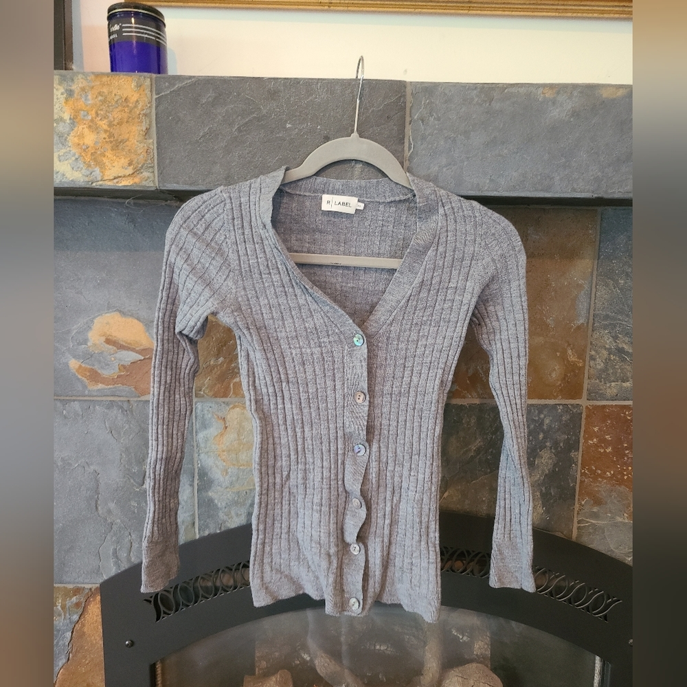 The Reset R Label Grey 100% Wool Button Front Ribbed V Neck Cardigan Sweater XS